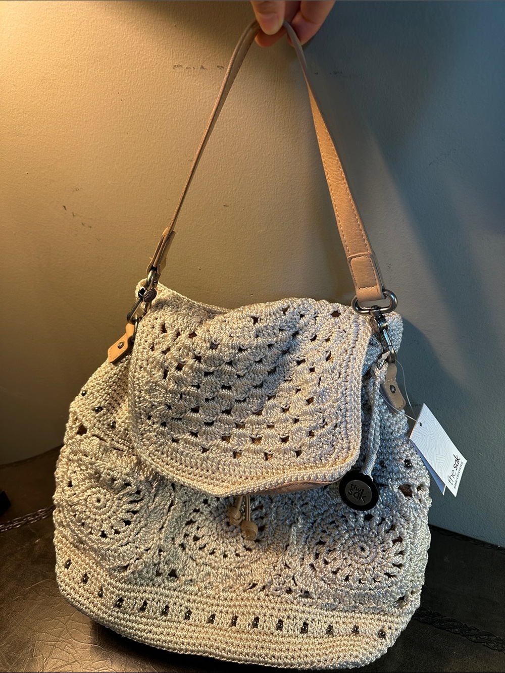 The Sak Beige Crochet Shoulder Bag/ book bag with Leather Strap